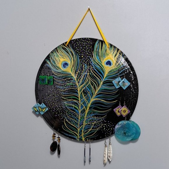 Hand Crafted Jewelry Display Upcycled Vinyl Record Wall Art Peacock Feather - Picture 17 of 17